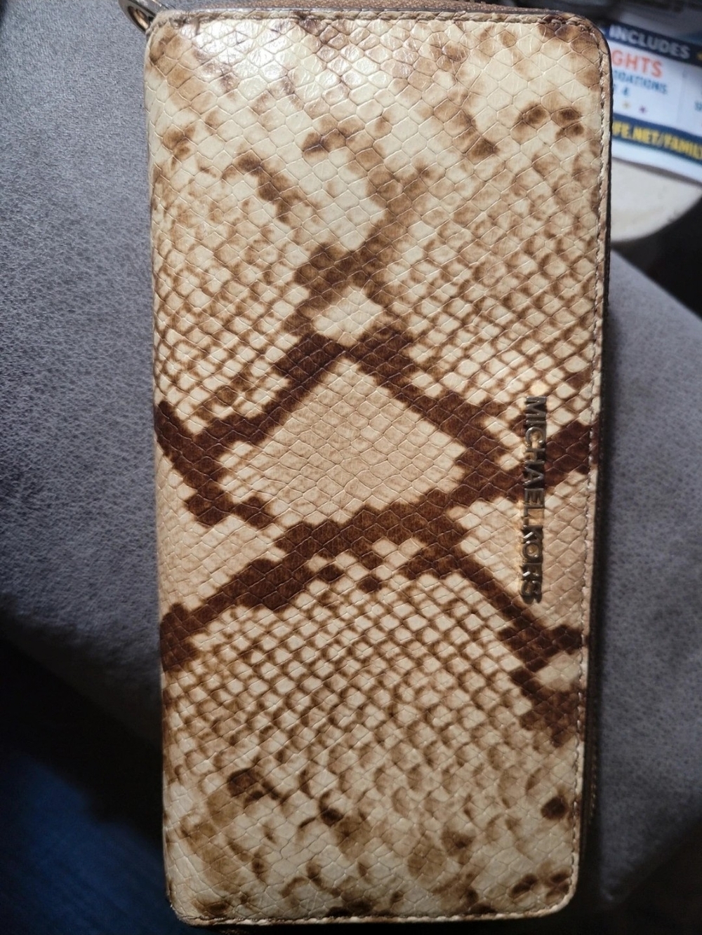 Michael Kors Beige and Brown Snake-Print Zip Around Wallet